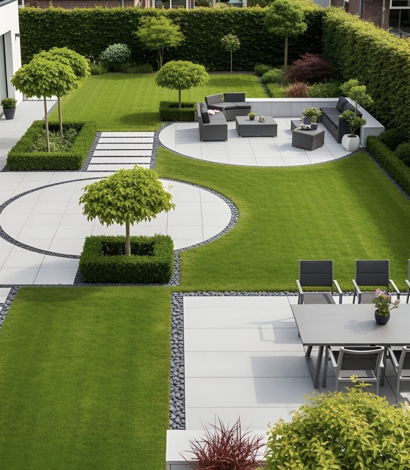 Jardin moderne avec allées dégagées, haies taillées, terrasse conviviale et espace détente esthétique et fonctionnel.